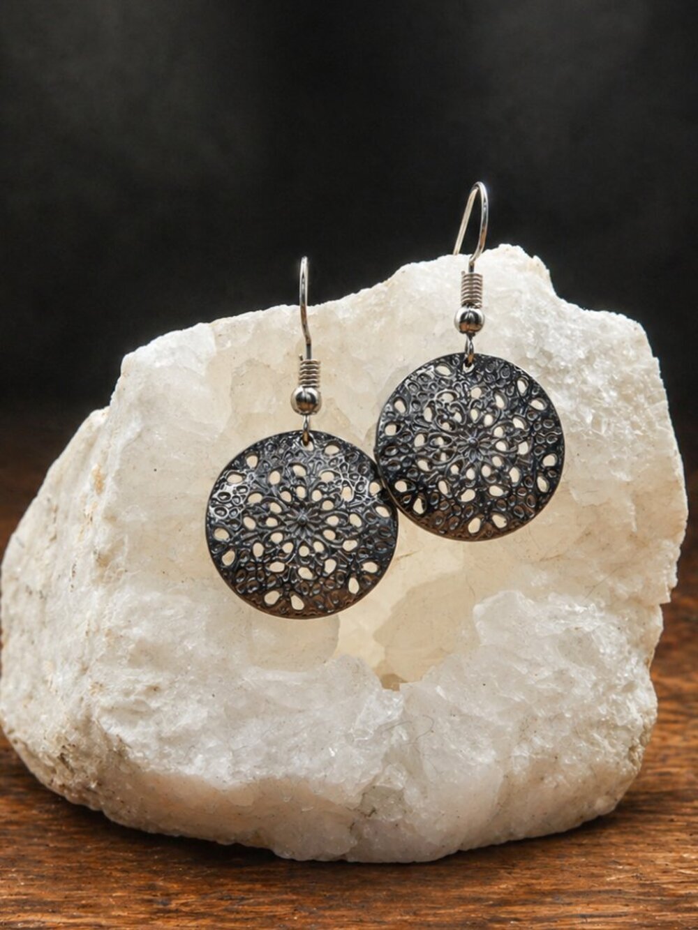 Gunmetal Flower Cutout Drop Earrings - Picture 5 of 6